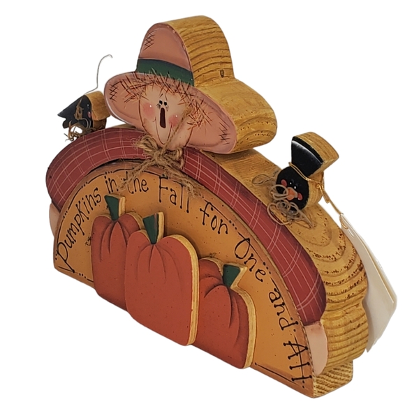 Scarecrow Pumpkins Crows Vintage Wooden Shelf Sitter Hand Crafted Fall Autumn - Picture 3 of 10